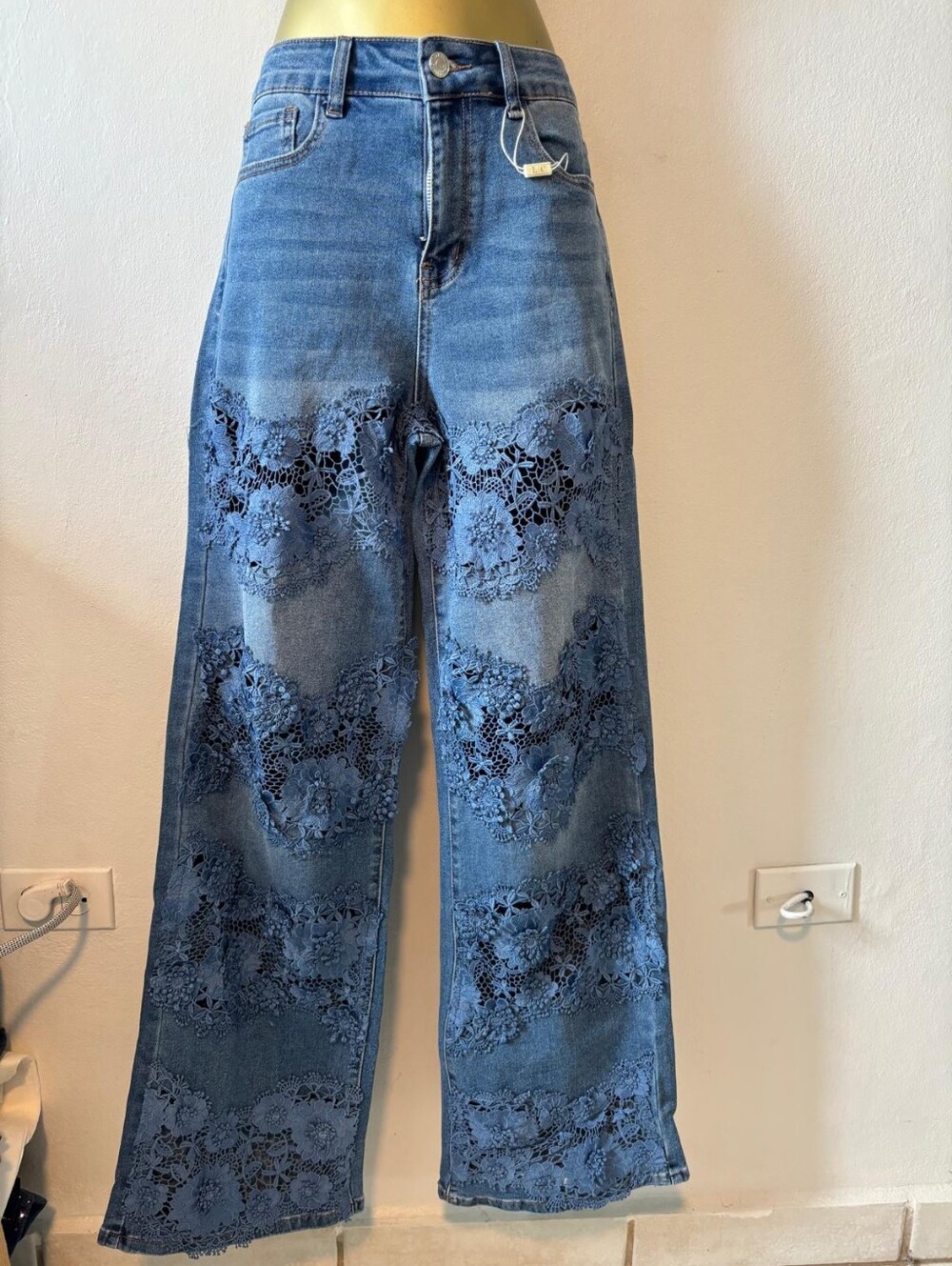 Wide Leg Blue Denim Jeans with Floral Lace Insets